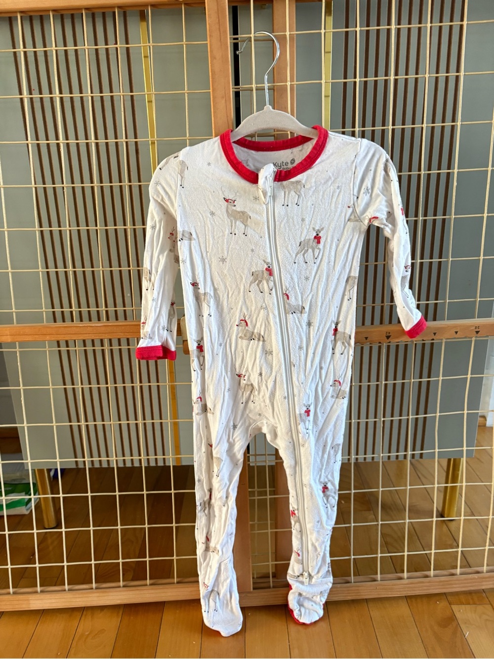 Kyte BABY White Footed One-Piece with Red Trim and Reindeer Print